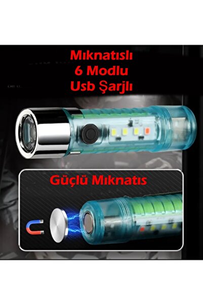 gaman 10Watt Süper Parlak Cob Led Usb Şarjlı 6 Modlu Mini El Feneri Mıknatıslı Su Geçirmez