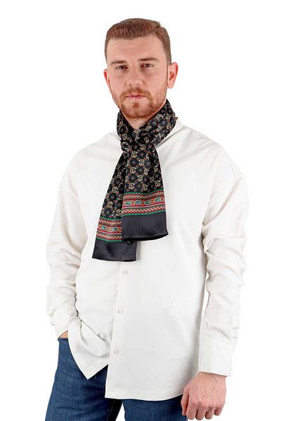 Bursa İpek Black Tile Pattern Men's Silk Scarf
