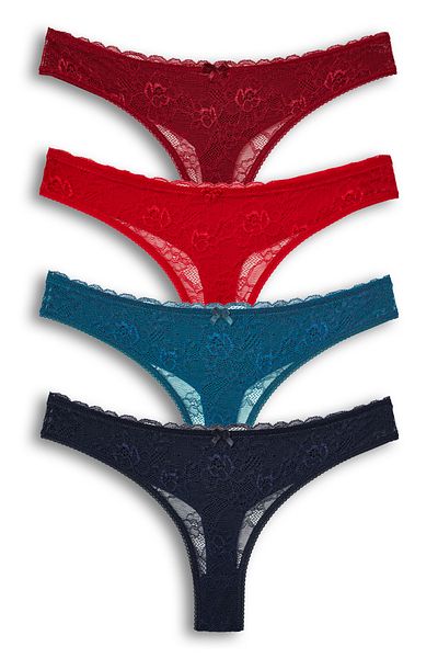 HNX 4-Piece Front Lace Back Double Layer Cotton Thong Women's Panties