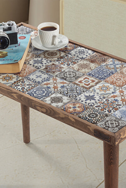 bluecape Rustik Wood Masif Seramik Ceviz Yan Sehpa