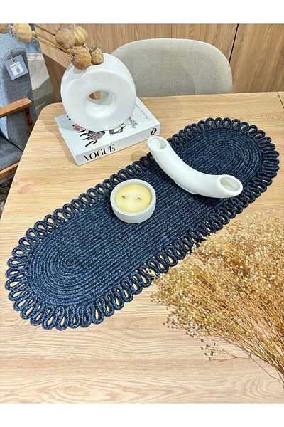MaVaux Bamboo Navy Blue Galaxy Natural Jute, με σχέδια, Ψάθινο, American Service, Τραπέζι, Τραπεζάκι σαλονιού Runner. 30x80