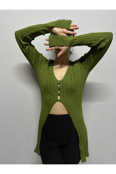soBasic Shirt Collar Buttoned Long Sleeve Cuff Detail Knitwear Blouse Cardigan - Green