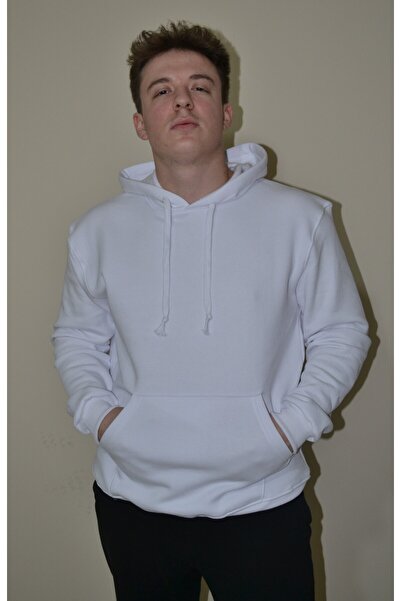 Unisex Düz Beyaz 3 İplik Kapüşonlu Sweatshirt