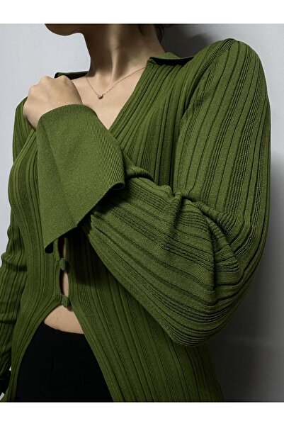 soBasic Guler cămașă, cu nasturi, mânecă lungă, detaliu manșetă, tricotaj, bluză, cardigan - verde