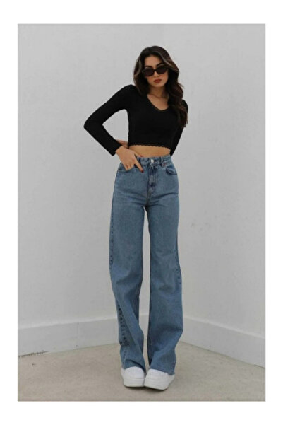 Tref Jns Tekna Mavi Asit Yıkama Palazzo Jean Kadın Wide Leg Solmaz Toparlayıcı Kot Pantolon