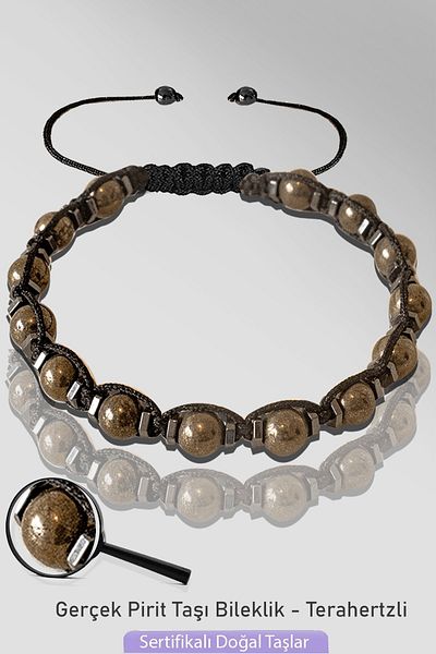 Tesbih Atölyesi Certified Macrame 6mm Natural Real Pyrite Stone Bracelet - Adjustable