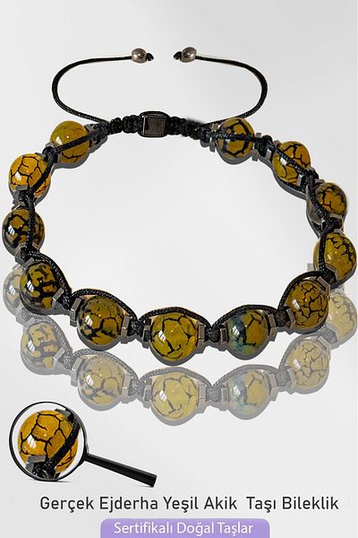 Tesbih Atölyesi Certified Macrame Natural Dragon Green Agate Stone Bracelet - Adjustable