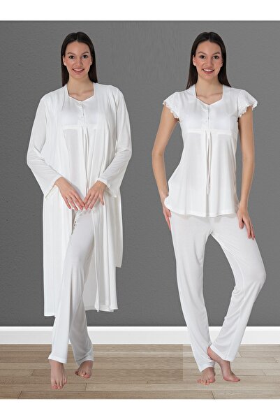 by İGP Ecru Cotton Maternity Pajama Set with Dressing Gown