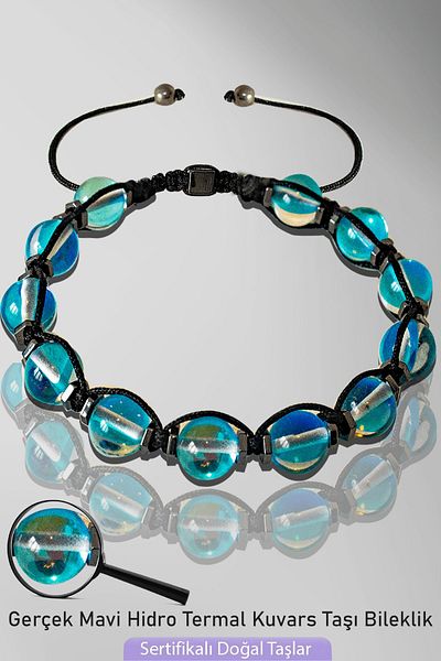Tesbih Atölyesi Certified Natural Blue Hydro Thermal Quartz Stone Bracelet - Adjustable
