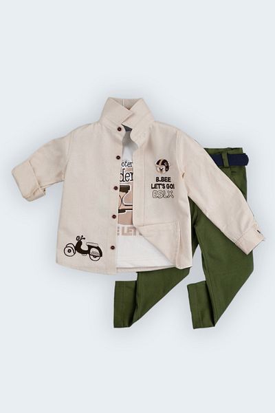Gold Class Kidswear Motorcycle Embroidered Buttoned 100% Cotton 4-Piece Boy's Shirt Set