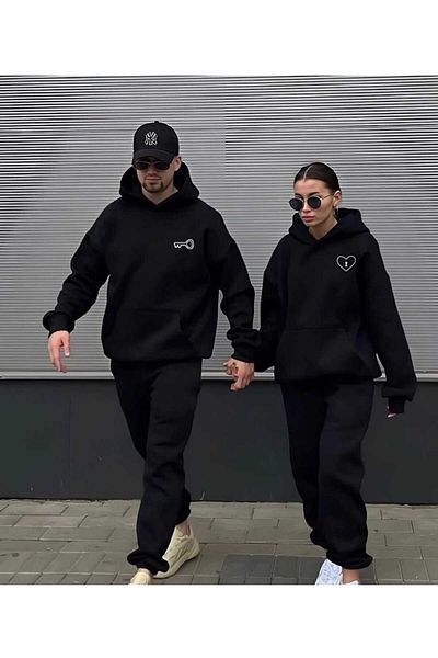 PERISENSE Unisex Γυναικείες Ανδρικές φόρμες Lover Couple Combination Key Heart με στάμπα με κουκούλα στο κάτω μέρος-τοπ σετ 2 τεμαχίων