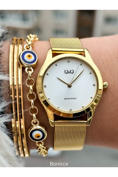 Q&Q Steel Mesh Strap, Waterproof, Gold Color Women's Wristwatch+bracelet