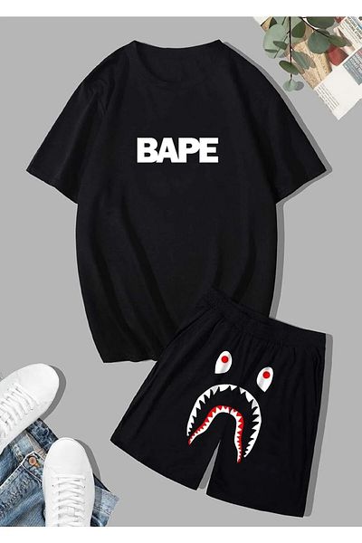 AMMA Unisex Black Bape Shark Printed Top and Bottom T-Shirt Shorts Set