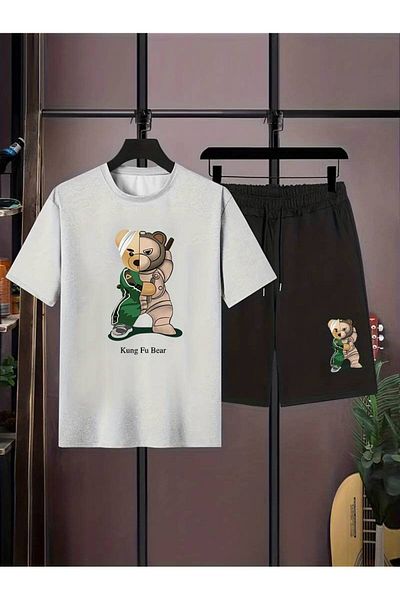 AMMA Kids Kung Fu Bear Printed Bottom Top T-Shirt Shorts Set