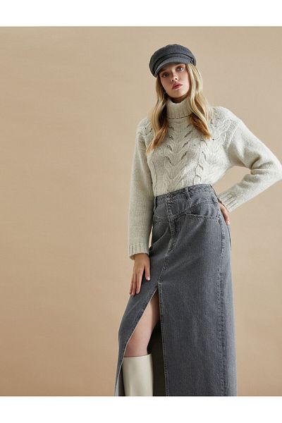 Koton Front Slit Denim Skirt Midi Length Pocket Cotton Comfortable Fit