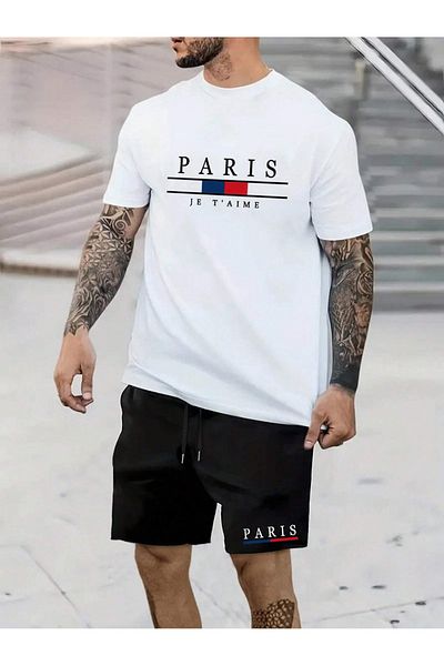 Mythologie طقم شورت تي شيرت Paris Je T'aime - أبيض أسود مطبوع برقبة دائرية كبيرة الحجم