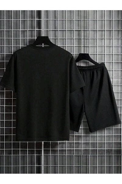 Mythologie Miami 23 T-Shirt Shorts Combination Set - Black Printed Oversize Crew Neck