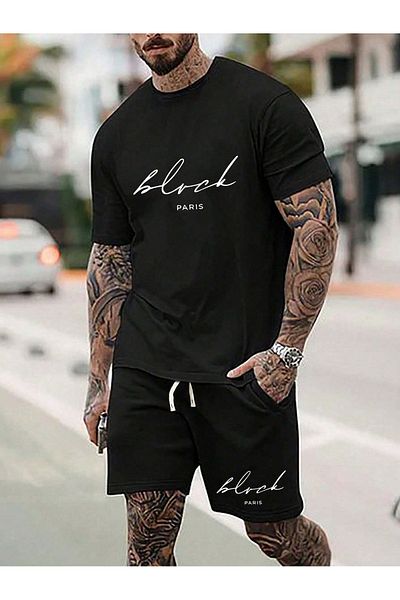 Mythologie Paris Printed Μαύρο Oversize T-Shirt και Σορτς - Crew Neck