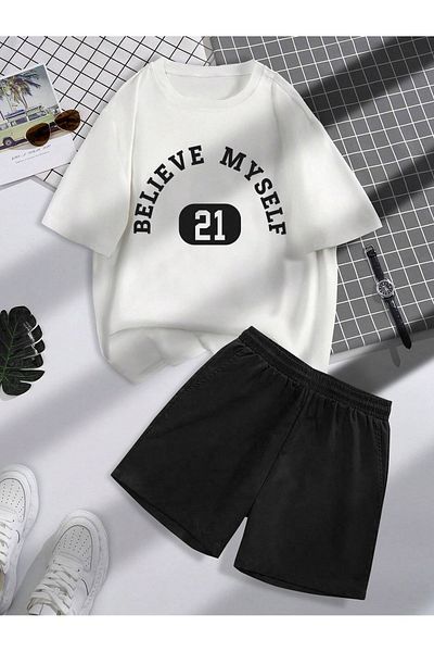 Mythologie Believe 21 T-Shirt Shorts Combined Set - Λευκό μαύρο με στάμπα Oversize Crew Neck