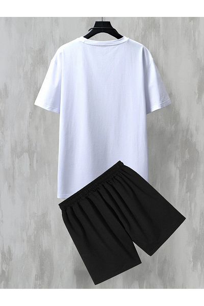 Mythologie Space Moon T-Shirt Shorts Combination Set - White Black Printed Oversize Crew Neck