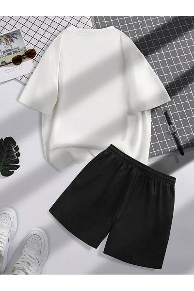 Mythologie Believe 21 T-Shirt Shorts Combined Set - Λευκό μαύρο με στάμπα Oversize Crew Neck