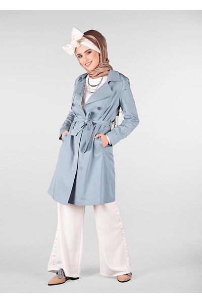 TRENDTESETTÜR Γυναικεία Μπλε (ICE BLUE) Βαμβακερή καμπαρντίνα με μανίκια με πέρλες 1240