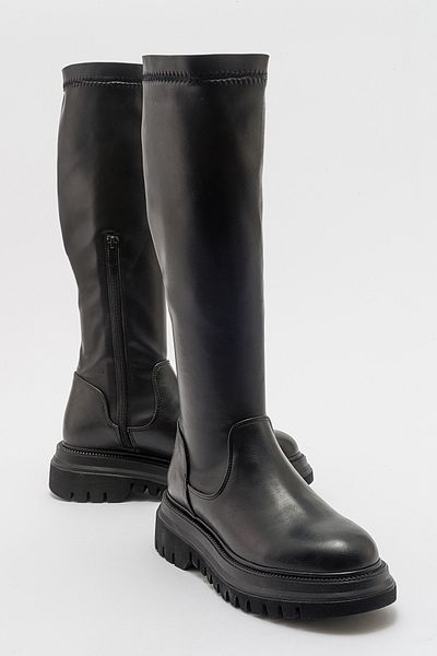 LuviShoes Dámské ploché kozačky HENIN Black Stretch pod kolena