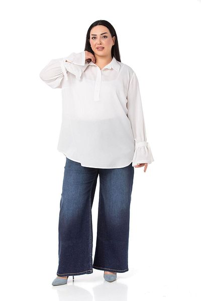 DISENTIS MODEST Plus Size White Shirt with Binding Detail on Sleeves
