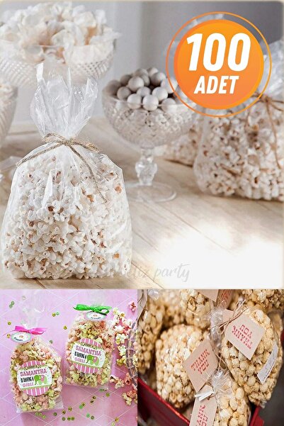 Eliz Party 100 Adet 20x30cm Popcorn Poşeti, Patlamış Mısır Poşeti Popcorn Paketi Şeffaf Bantsız Jelatin Poşet