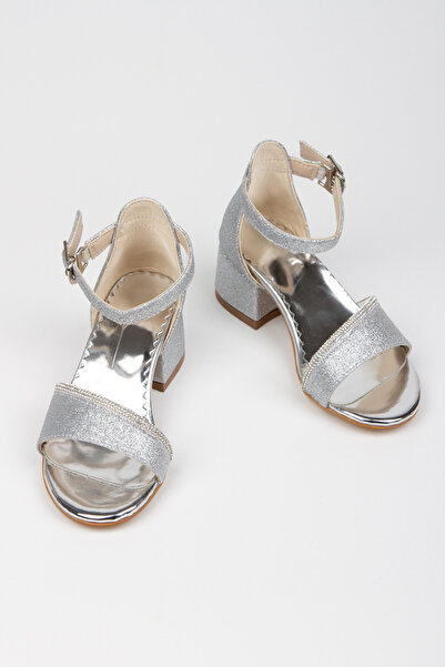 shopland Glittering Gray Color Ankle Strap Open Toe Girls' Holiday Shoes