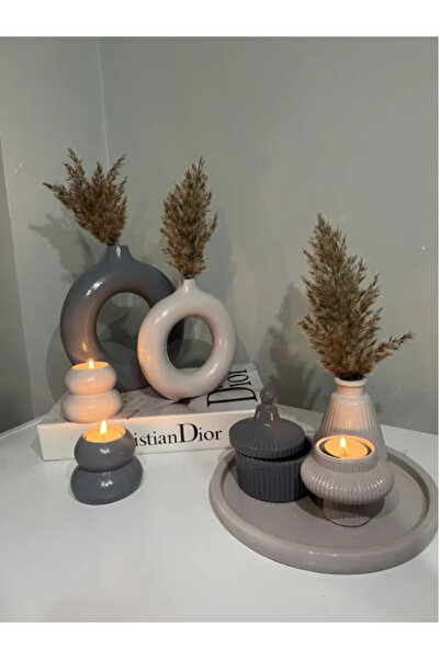 BLANJ HoBinCaN Tasarım Dekoratif 2’li Halka Vazo 2’li Mumluk, Tepsili Set