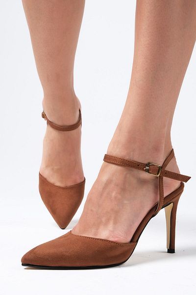 Mio Gusto Lucia Tan Color Suede Ankle Strap Side Buckle Women's Heeled Shoes