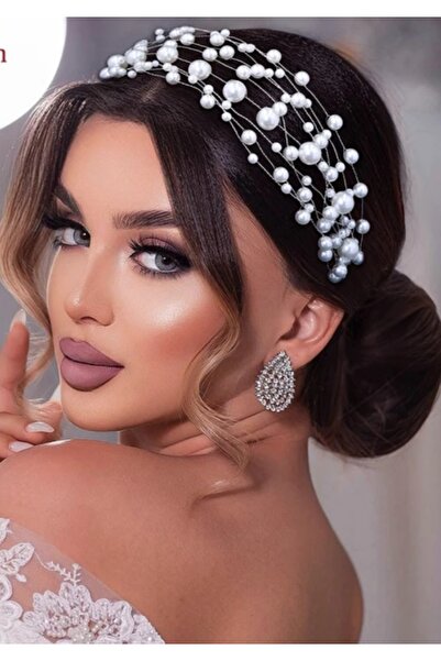 EFLAMEL DESİGN Kristal Taşlı Sıralı İncili Gelin Tacı Saç Aksesuarı Nişan,Kın...