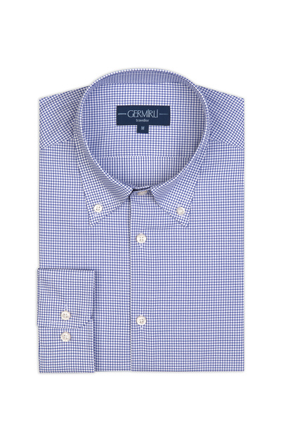 Germirli Non Iron Navy Blue Pitikare Patterned Buttoned Collar Tailor Fit Journey Checkered Shirt