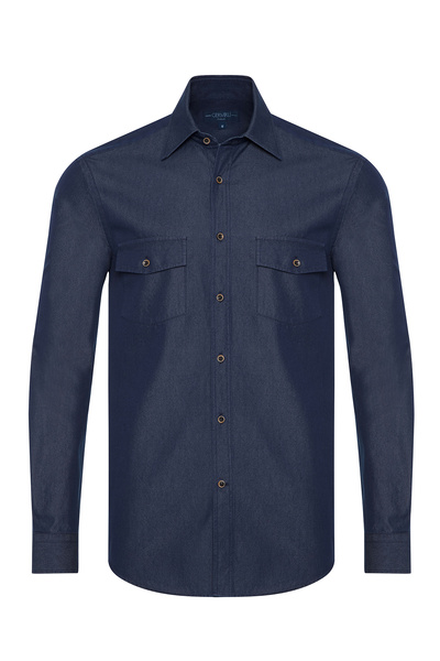 Germirli Koyu Lacivert Çift Cep Kapaklı Soft Yaka Tailor Fit Selvedge Denim Gömlek
