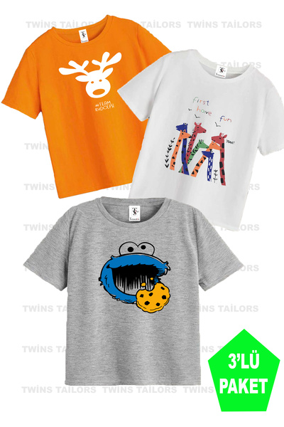 twins tailors Giraffe Printed 3 Pack Unisex λευκό-γκρι-πορτοκαλί παιδικό μπλο...