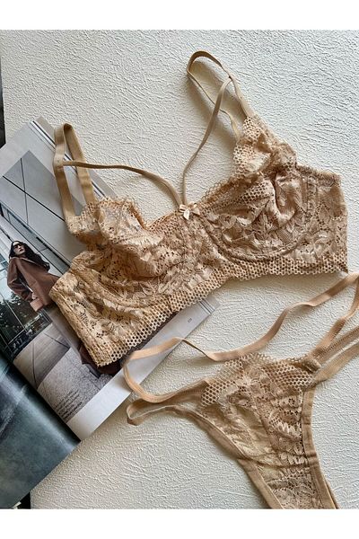 dem merys Set sutien și chiloți cu șnur din dantelă