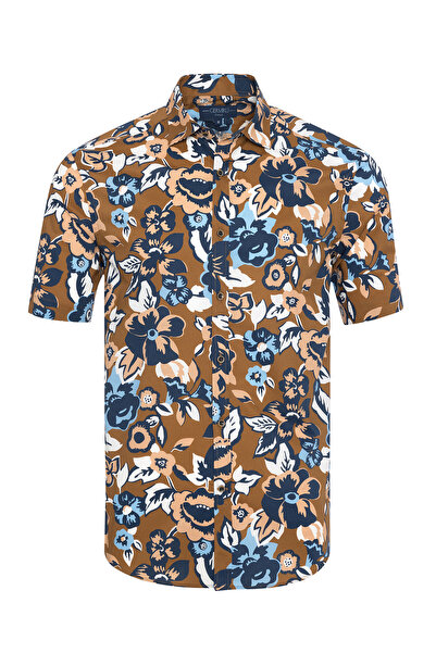 Germirli Lacivert Kahve Baskılı Soft Yaka Tailor Fit Kısa Kollu Gömlek