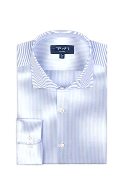 Germirli Blue White Striped Tailor Fit 1202 Journey Twill Non Iron Cotton Italian Collar Shirt