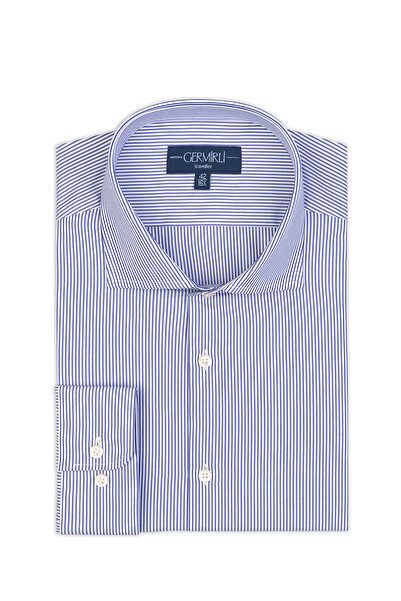 Germirli Lacivert Beyaz Çizgili Tailor Fit 1202 Journey Twill Non Iron Pamuk Italyan Yaka Gömlek