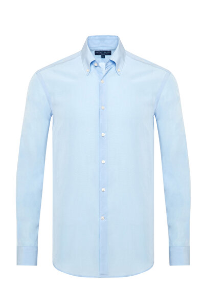 Germirli Mavi Düğmeli Yaka Tailor Fit Gömlek