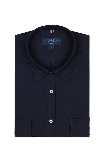 Germirli Navy Blue Hidden Buttoned Collar Flap Pocket Tailor Fit Sports Oxford Men's Shirt
