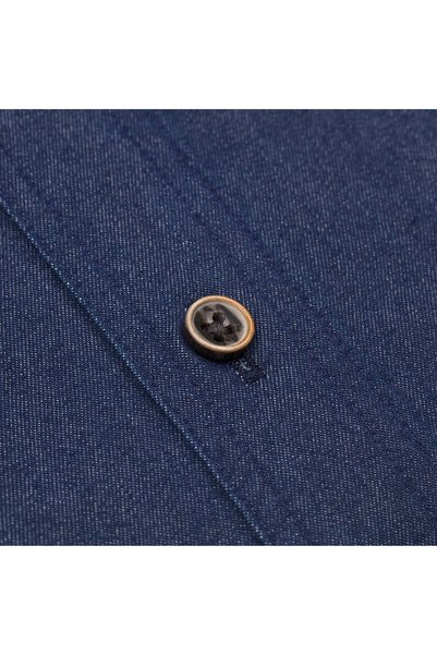 Germirli Koyu Lacivert Çift Cep Kapaklı Soft Yaka Tailor Fit Selvedge Denim Gömlek
