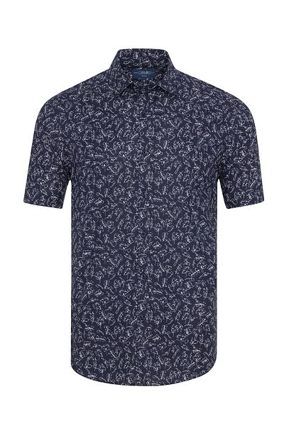 Germirli Navy Blue White Patterned - Soft Collar Tailor Fit Short Sleeve Shirt