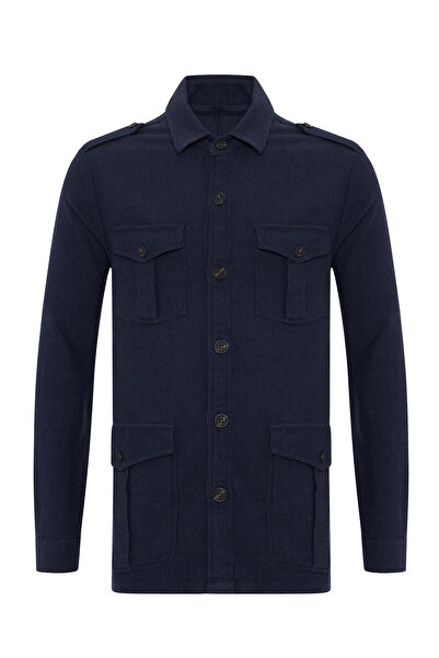 Germirli Lacivert Denim Dokulu Strech Tailor Fit Rahat Kalıp Safari Organik Denim Pamuk Ceket Gömlek