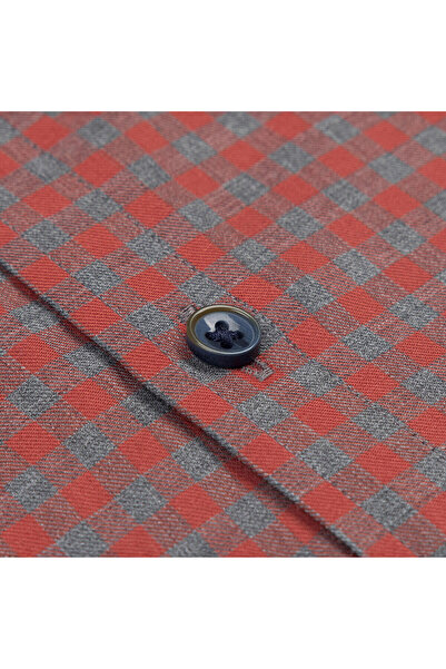 Germirli Gray Red Buttoned Collar Albini Tailor Fit Comfortable Fit Checkered Thin Flannel Shirt