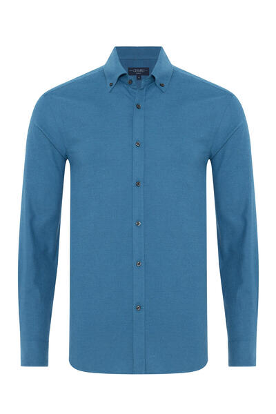 Germirli Dark Blue Plain Tailor Fit Comfortable Fit Button Collar Albini Flannel Shirt