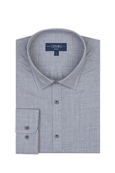 Germirli Gray Blue Herringbone Plaid Tailor Fit Comfortable Fit Soft Collar Thin Flannel Shirt