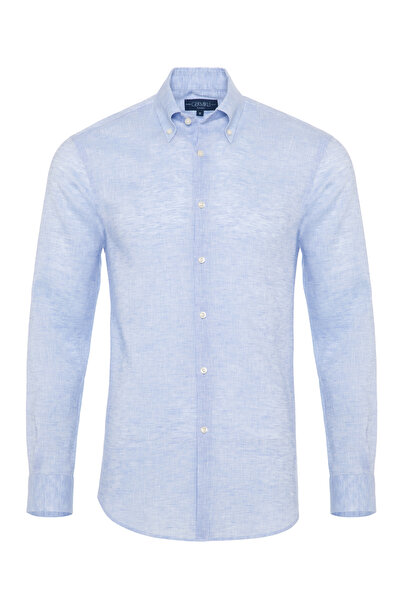 Germirli Non Iron Açık Mavi Keten Düğmeli Yaka Tailor Fit Journey Gömlek