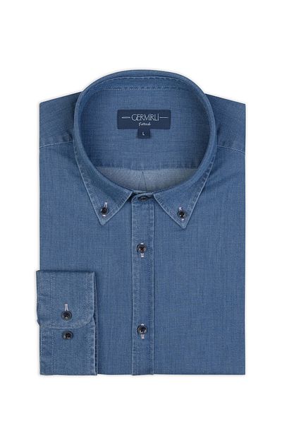 Germirli Blue Buttoned Collar Tailor Fit Men's Denim Shirt